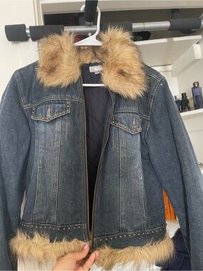 Gallery Dark Blue Denim Jacket with Tan Faux Fur Trim